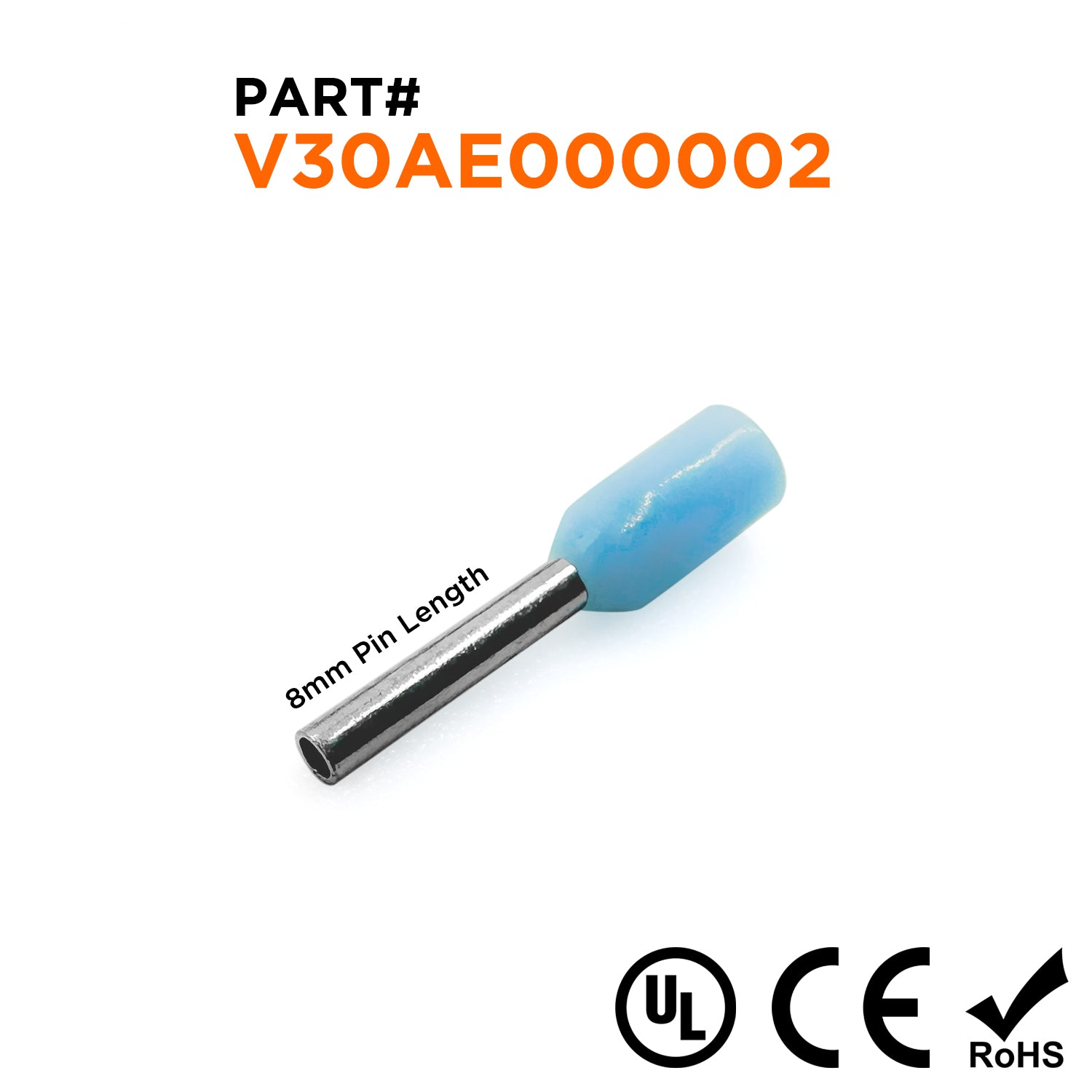 Z+F V30AE000002 - 24 AWG Insulated Wire Ferrules, 8mm Pin, Light Blue - 500 Pieces