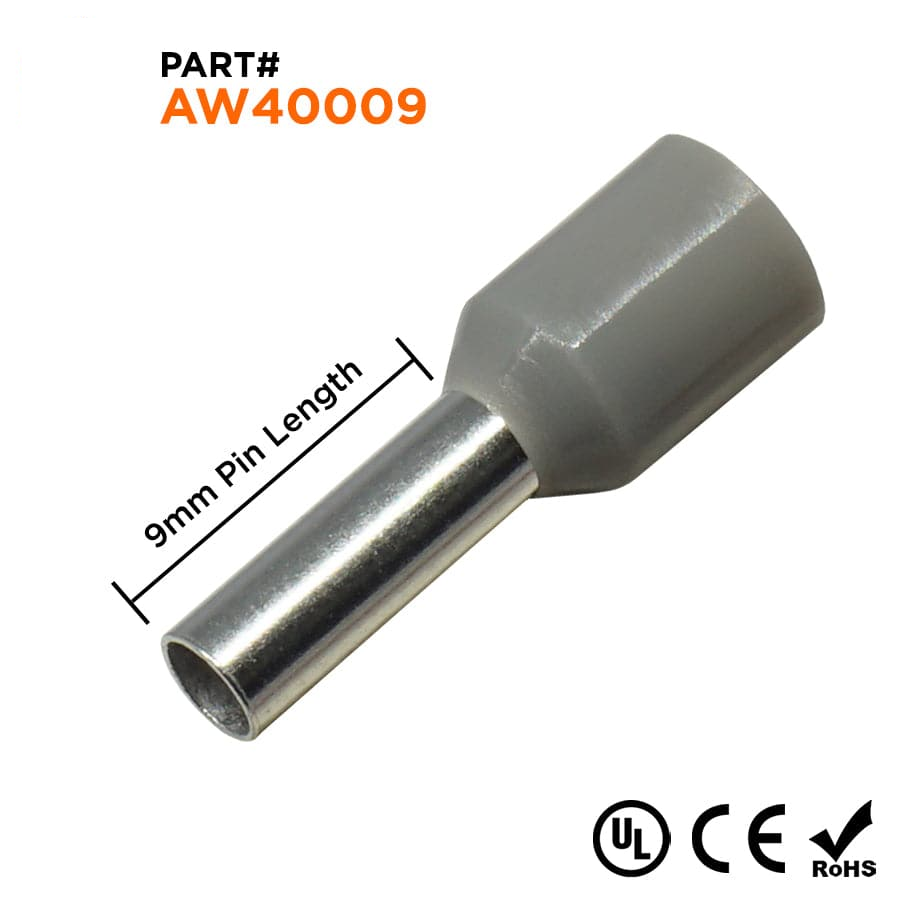 AW40009 - 12 AWG Insulated Punteras, 9mm Pin, Gris, UL Recognized, 500 piezas