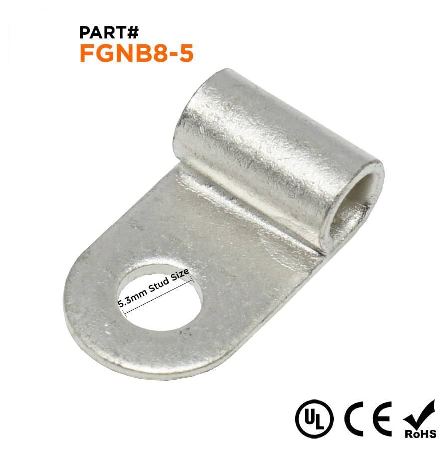 FGNB8-5 - 8 AWG Non Insulated Flag Ring Terminals, Ring Tongue, #10 Stud, 25 Pieces