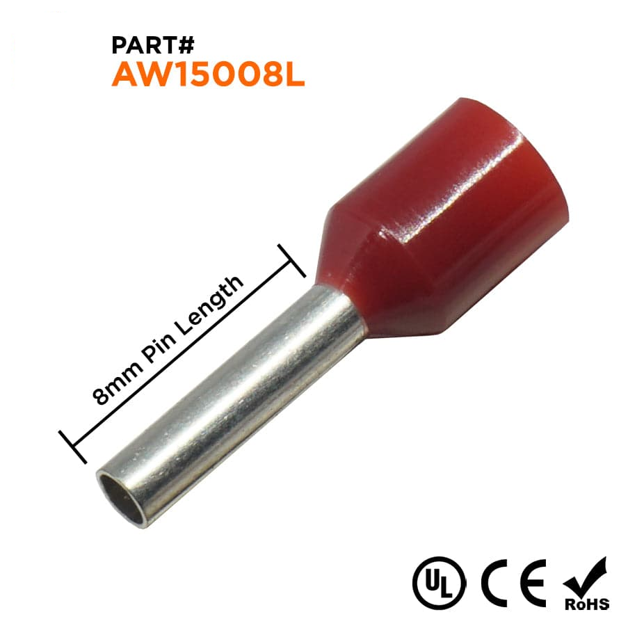 AW15008L - 16 AWG Insulated Wire Ferrules, 8mm Pin, Red, Wide Collar, UL Recognized, 500 Pieces