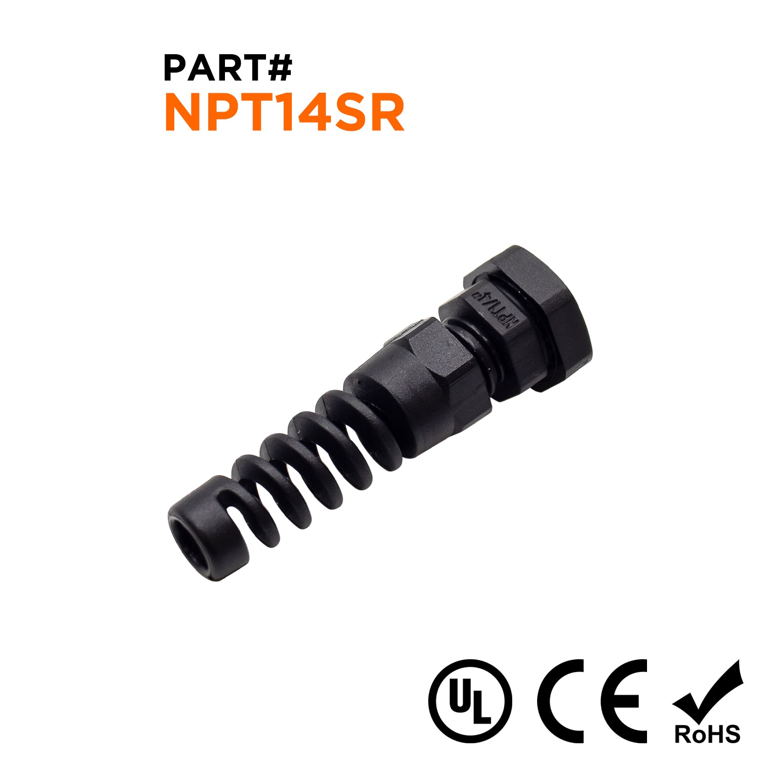 N1407SRB - 1/4" NPT Rosca De nailon Prensaestopas con Alivio de tensión, Negro, Rango: 1/8" a 1/4", UL Listed, IP68, IP69K - 1 pieza