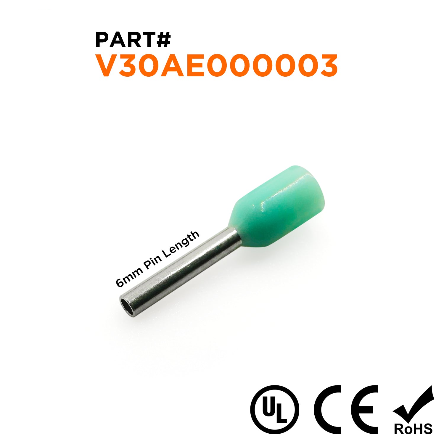 Z+F V30AE000003 - 22 & 24 AWG (0.34mm²) Insulated Wire Ferrules, 6mm Pin, Turquoise - 500 Pieces