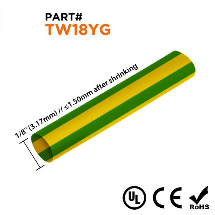 TW18YG - 1/8" Thin Wall Heat Shrink Tubing, 2:1 Shrink Ratio, Yellow/Green, Spool of 500ft