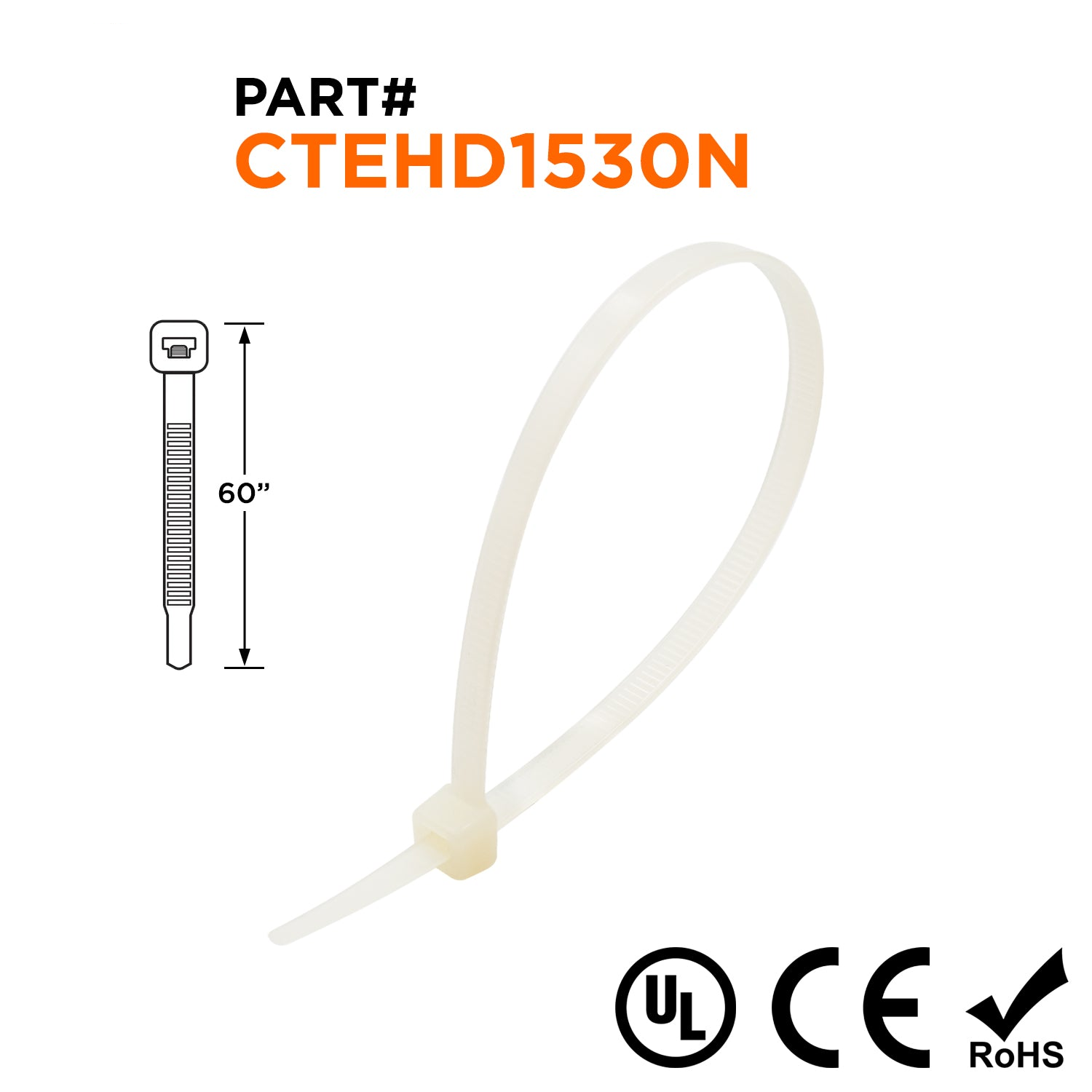 CTEHD1530N - 60" Extra De alta resistencia Bridas, 175-lb Tensile Strength, Natural, 100-Pack