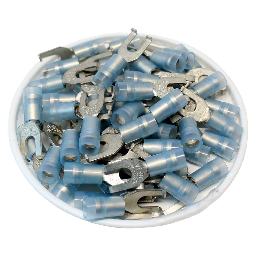 FSNYDM2-4 - 16 to 14 AWG Nylon Insulated Flange Spade Terminals, #8 Stud, Double Crimp, 100 Pieces