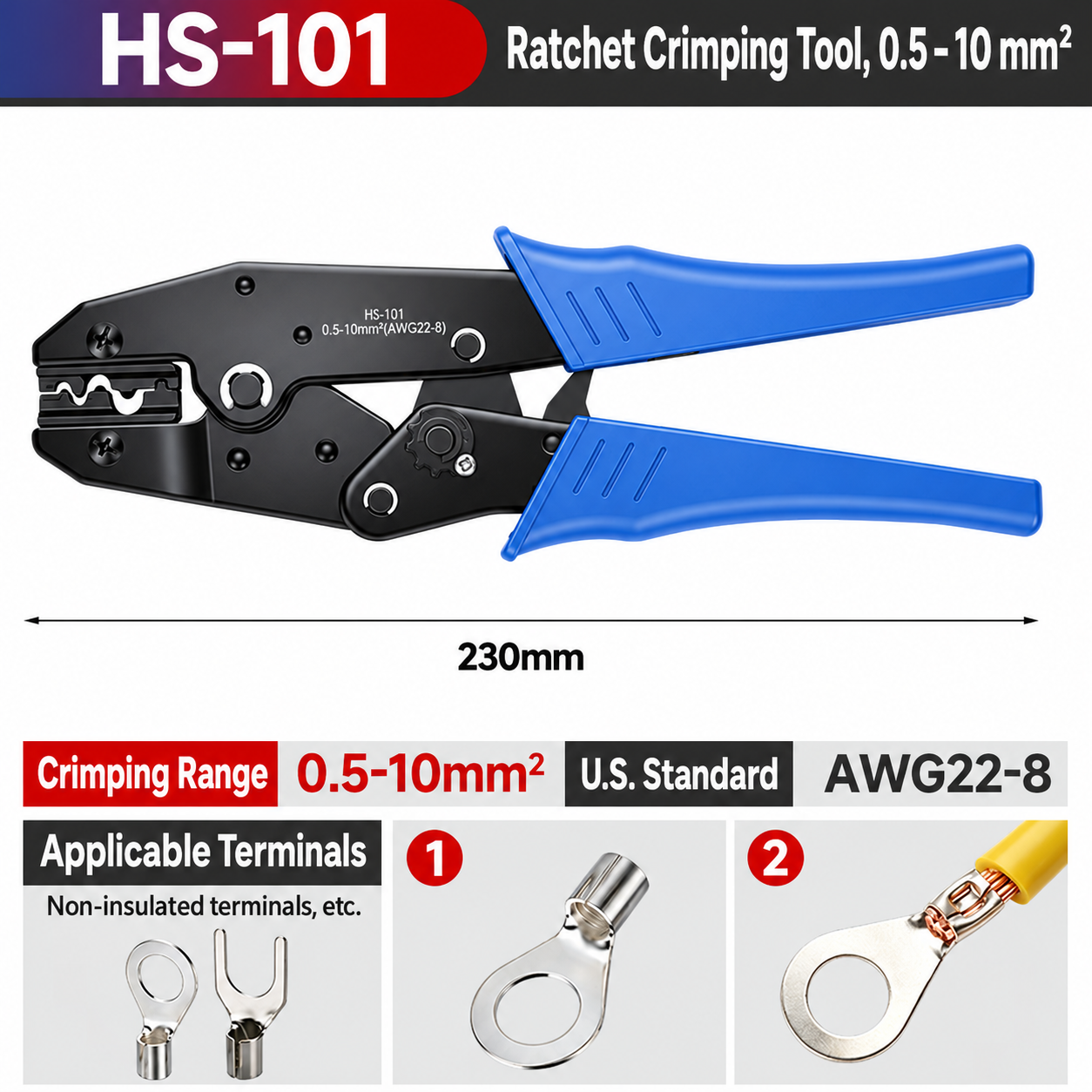 HS-101, crimpadora manual de carraca, 0.5–10 mm²