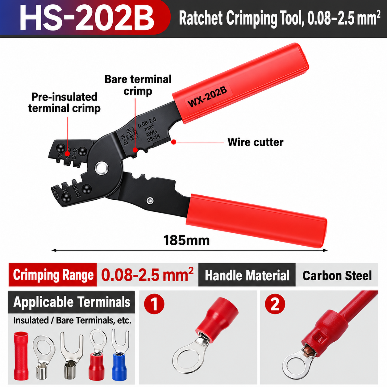HS-202B, crimpadora manual de carraca, 0.08–2.5 mm²