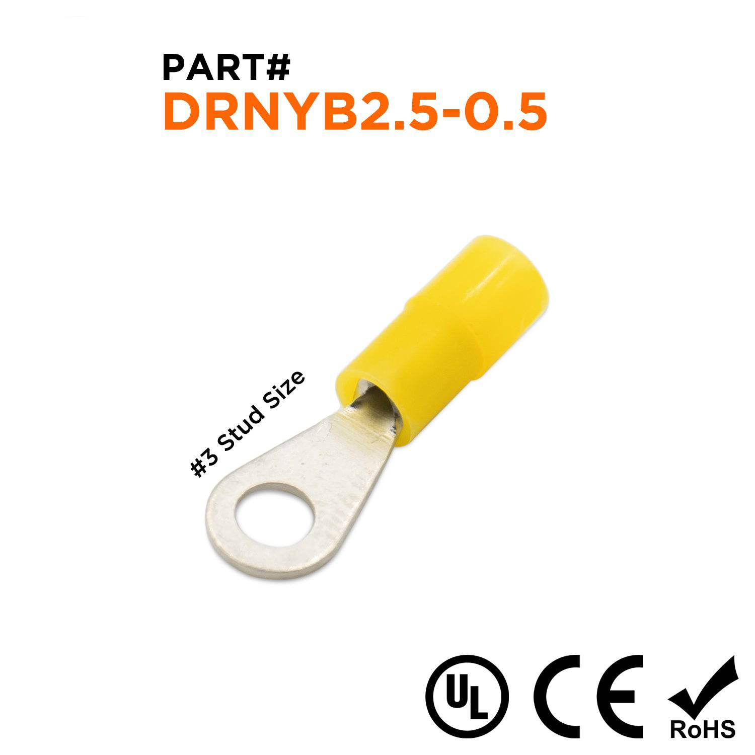 DRNYB2.5-0.5 - 26 to 22 AWG Nylon Insulated Ring Terminals, #3 Stud, Brazed Seam, DIN 46237, UL Recognized, 100 Pieces