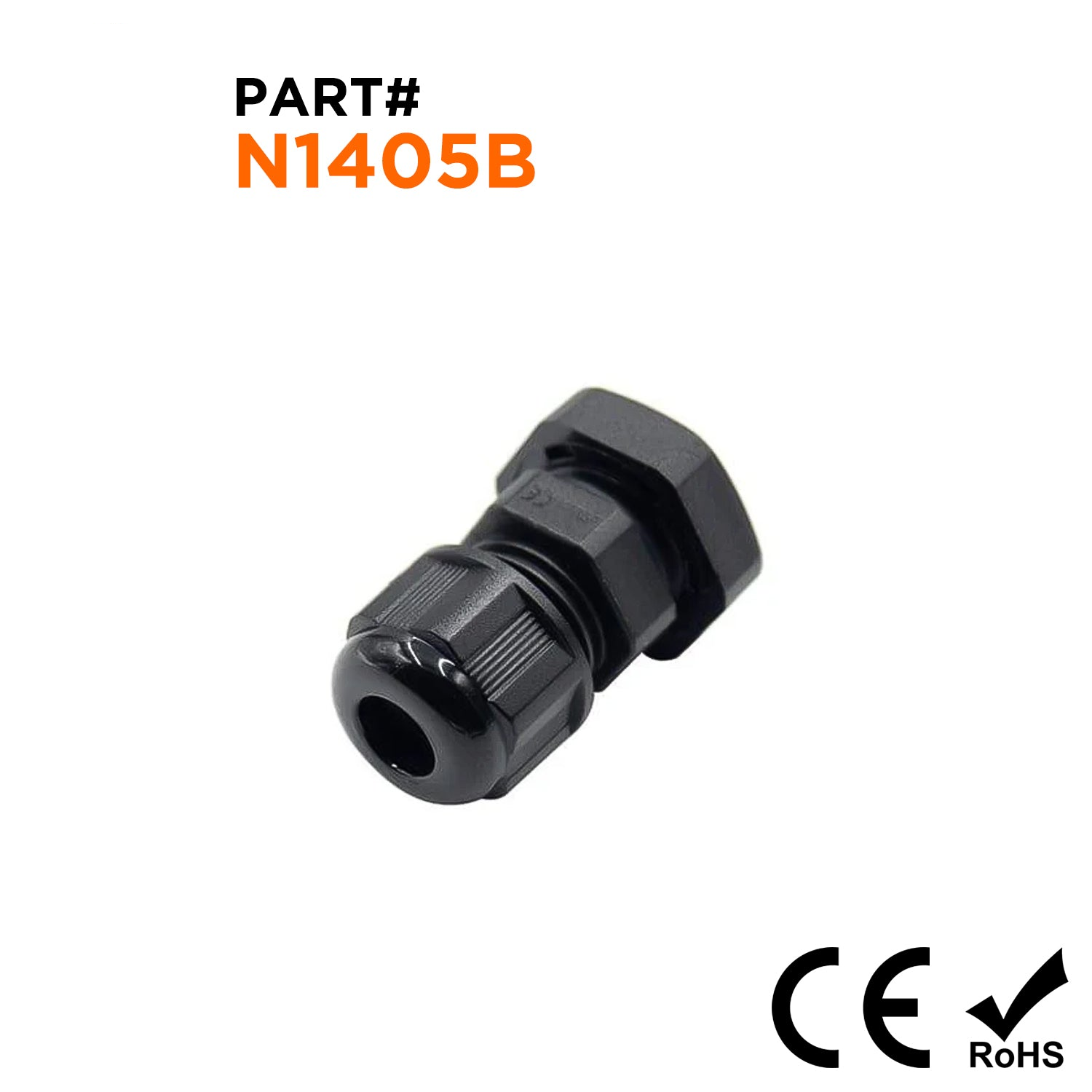 N1405B - 1/4" NPT Thread Nylon Cable Gland, Black, Range: 1/16" to 3/16", IP68, IP69K - 1 Piece