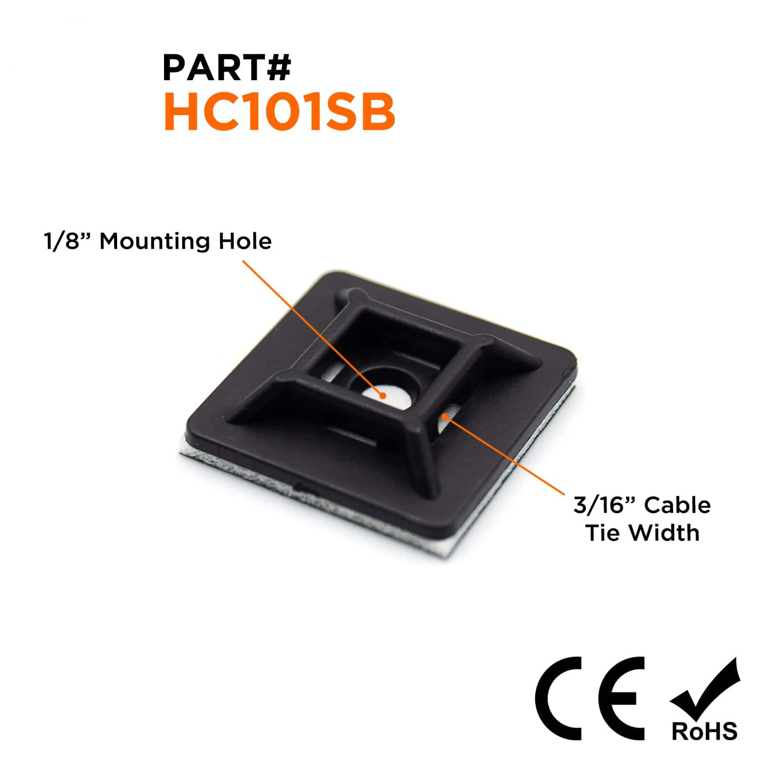 HC101SB - 3/4"LxW Nylon Self-Adhesive Tie Mounts - Cable Tie Width: 3/16", Screw Width: 1/8", Black, 100 Pieces