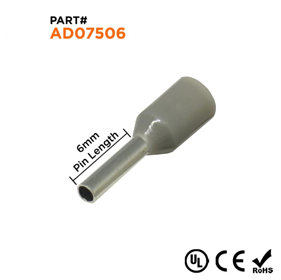 AD07506 - 20 & 18 AWG Insulated Punteras, 6mm Pin, Gris, UL Recognized, 500 piezas