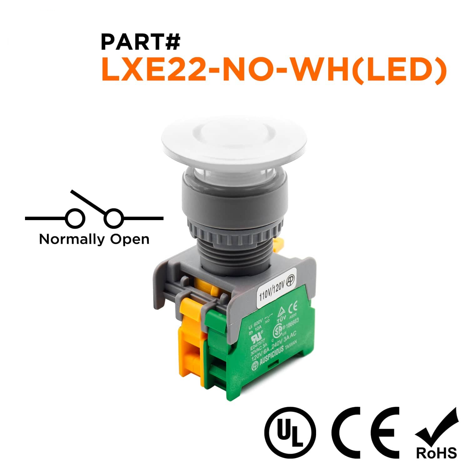 LXE22-NO-WH(LED) 40mm Illuminated Mushroom Head Push Button, LED, (NO), White, 1 Piece