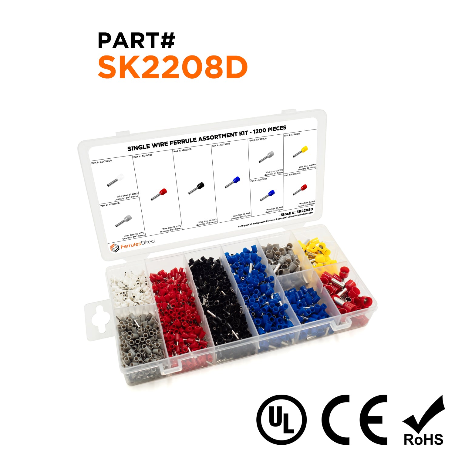 SK2208D - 22 to 8 AWG Single Insulated Wire Ferrule Assortment Kit, 1200 Pieces, Series D, 1 Kit