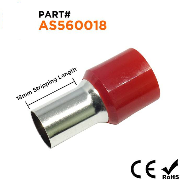 AS560018 - 0 & 1/0 AWG Single Insulated Wire Ferrules, 18mm Pin, Red, 25 Pieces