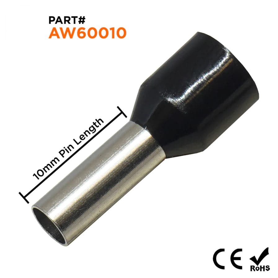 AW60010 - 10 AWG Insulated Punteras, 10mm Pin, Negro, 100 piezas