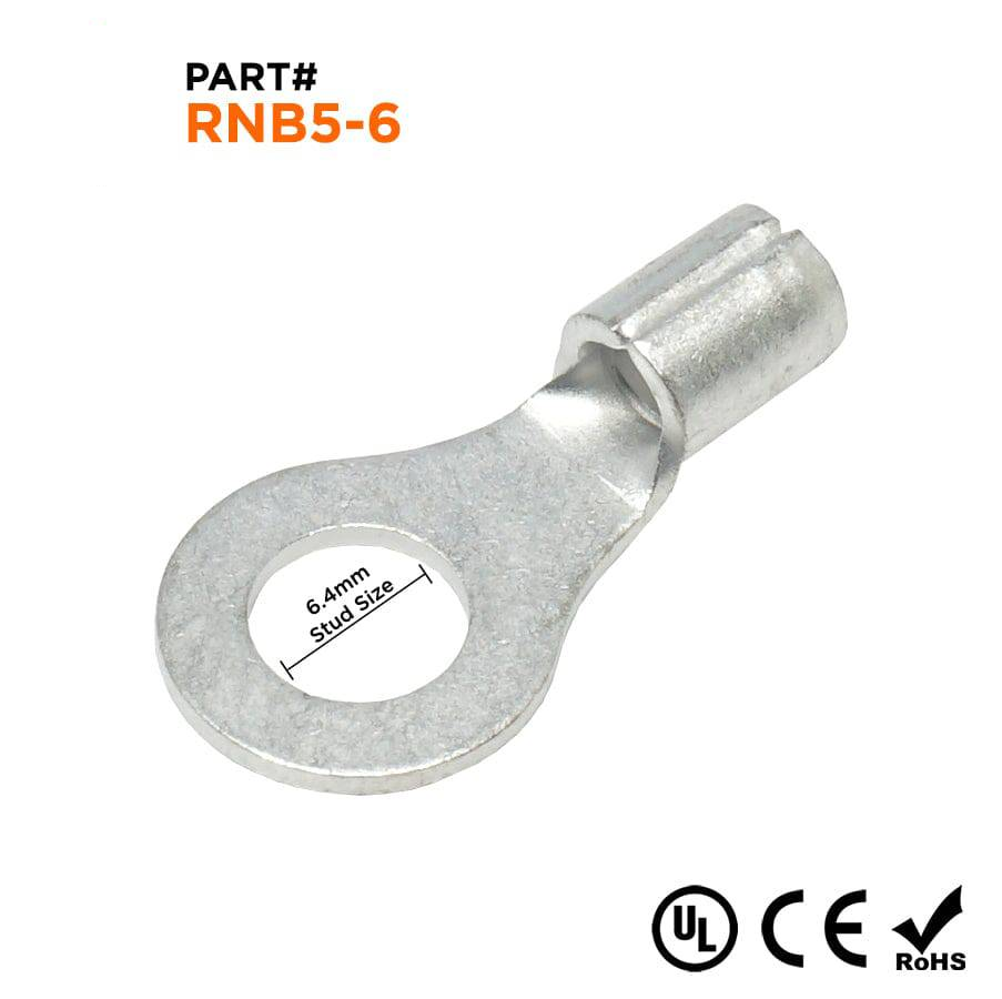 RNB5-6 - 12 to 10 AWG Non Insulated Ring Terminals, 1/4" Stud, UL Recognized, 25 Pieces