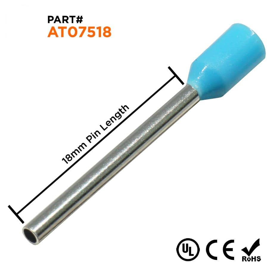 AT07518 - 20 & 18 AWG Single Insulated Wire Ferrules, 18mm Pin, Light Blue, UL Recognized, 500 Pieces