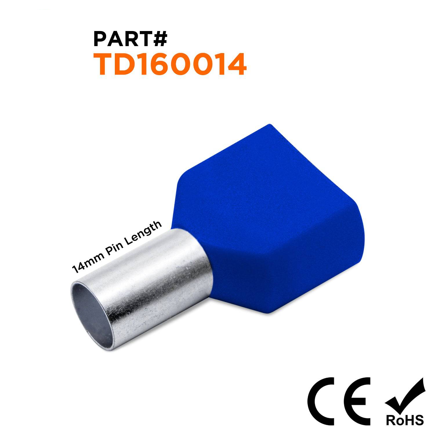 TD160014 - 6 AWG Twin Wire Ferrules, 14mm Pin, Blue, 100 Pieces