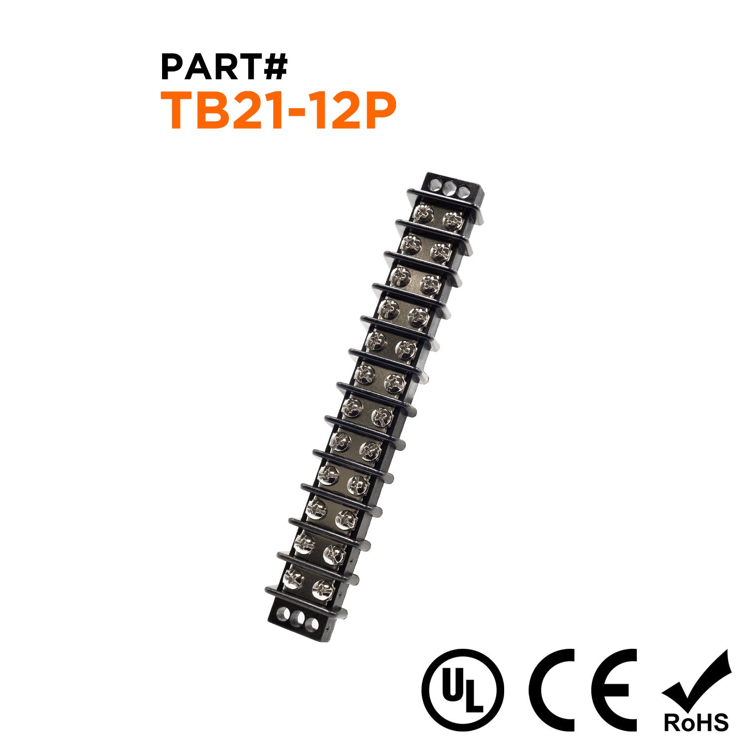 TB21-12P - Barrier Strip Terminal Block, Terminal Strip, 12 Pole, Double Row, 30A, 300V, UL Approved, 1 Piece