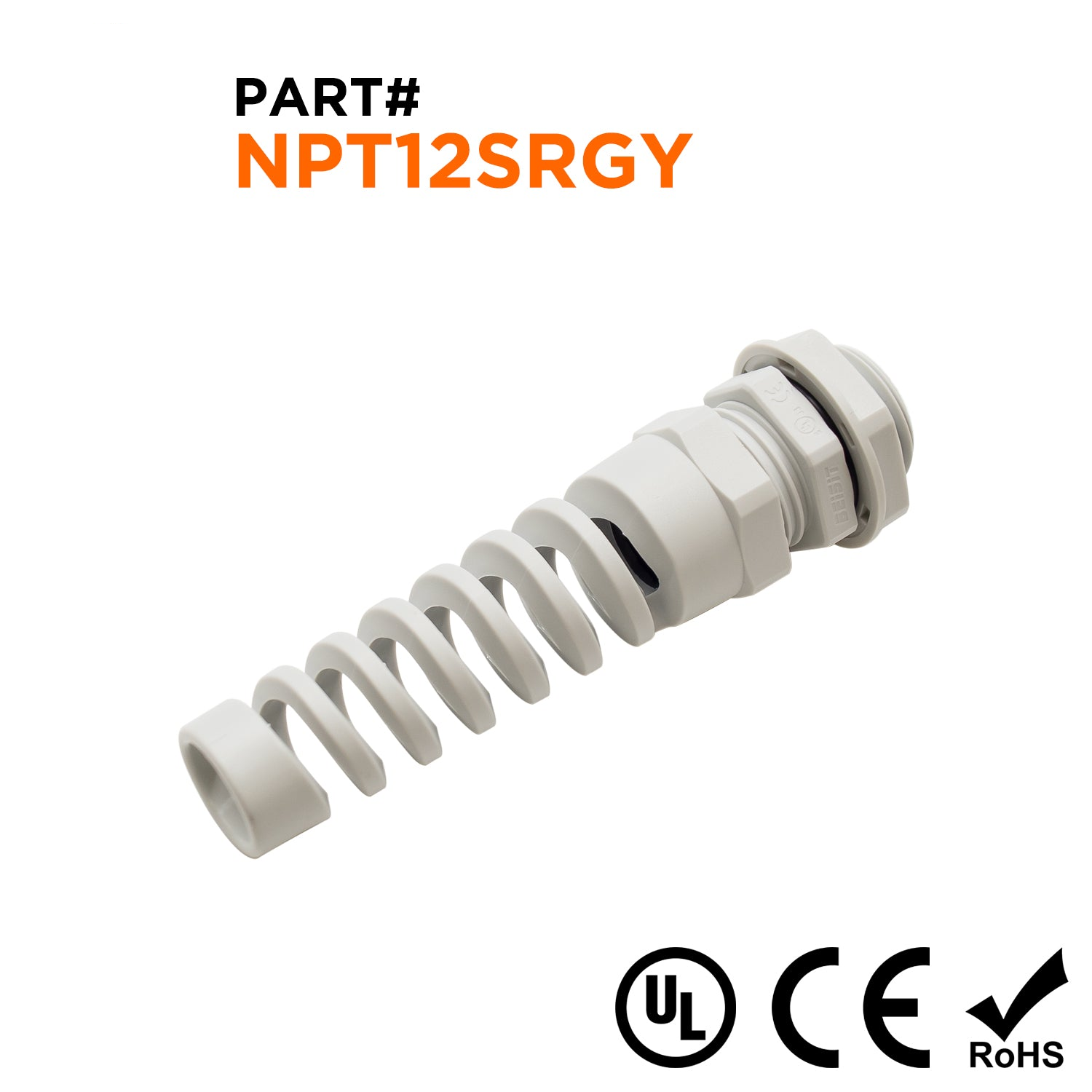 N12612SRGY - 1/2" NPT Thread Nylon Cable Gland with Strain Relief, Gray, Range: 1/4" to 1/2", UL Listed, IP68, IP69K - 1 Piece