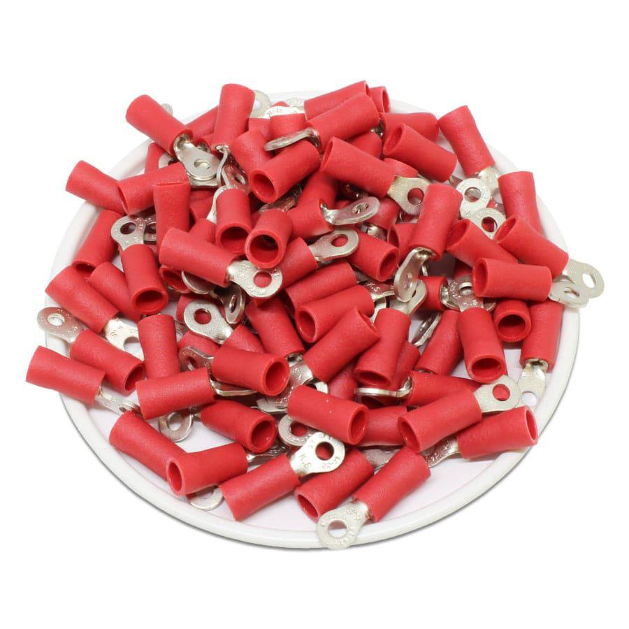 RV1-25 - 22 to 16 AWG PVC Vinyl Insulated Ring Terminals, #2 Stud, Butted Seam, 100 Pieces