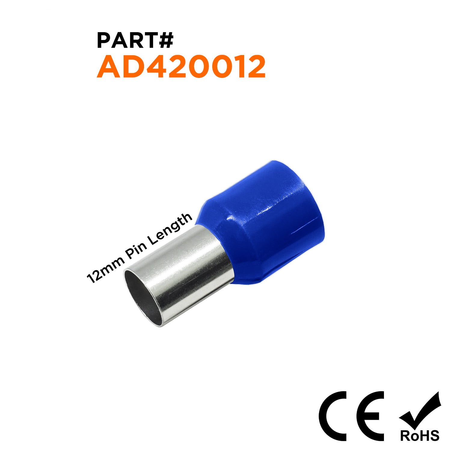 AD420012 - 1 AWG (Small Diameter) Insulated Wire Ferrules, 12mm Pin, Blue, 50 Pieces