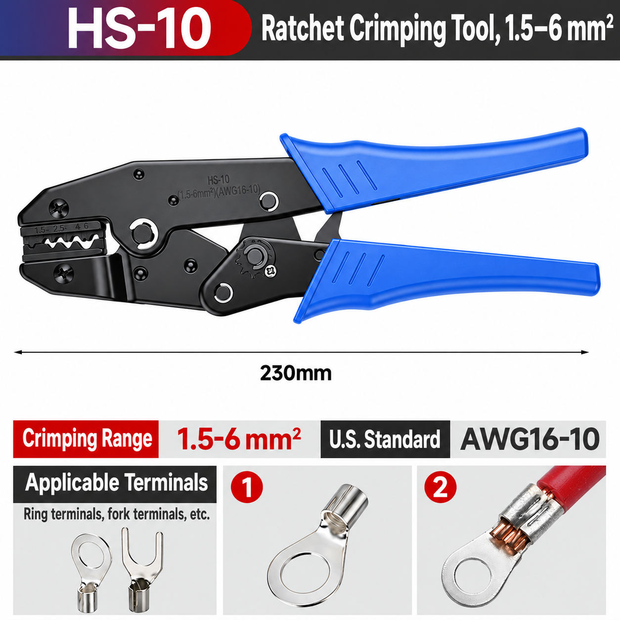 HS-10, crimpadora manual de carraca, 1.5–6 mm²