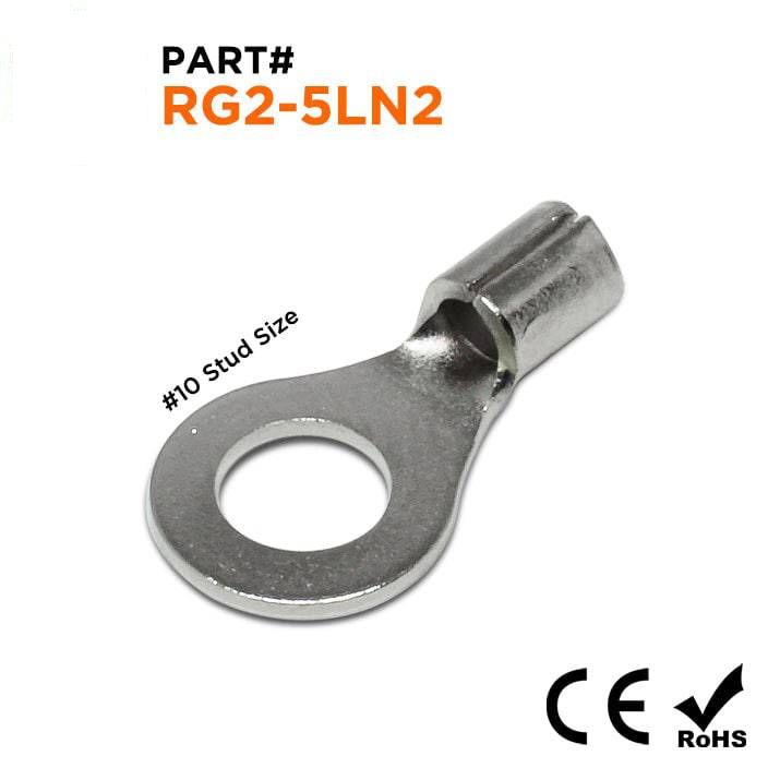 RG2-5LN2 - 16 to 14 AWG High Temperature Ring Terminals, #10 Stud, Steel, 900°F, 100 Pieces