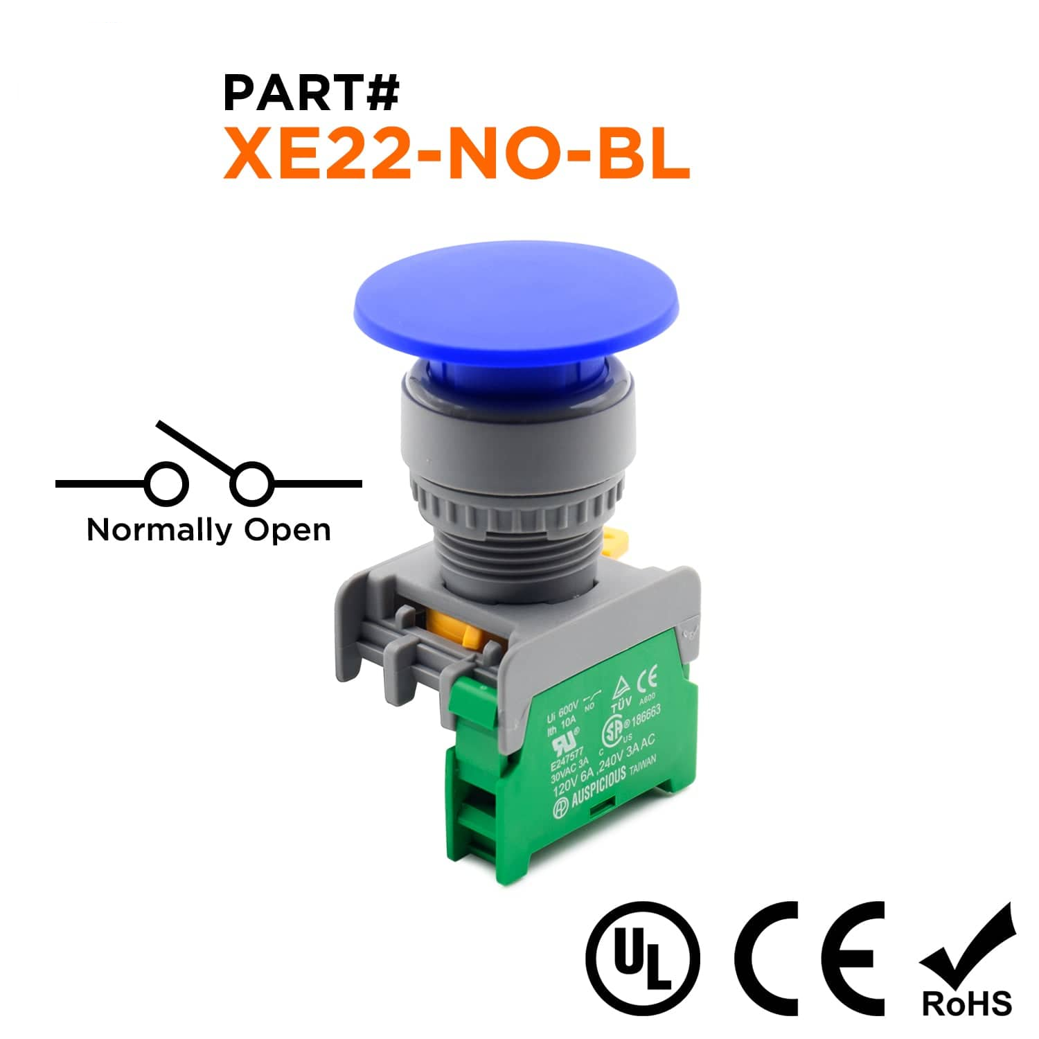 XE22-NO-BL - 40mm Azul Mushroom Head Push Button, (NO), 1 pieza