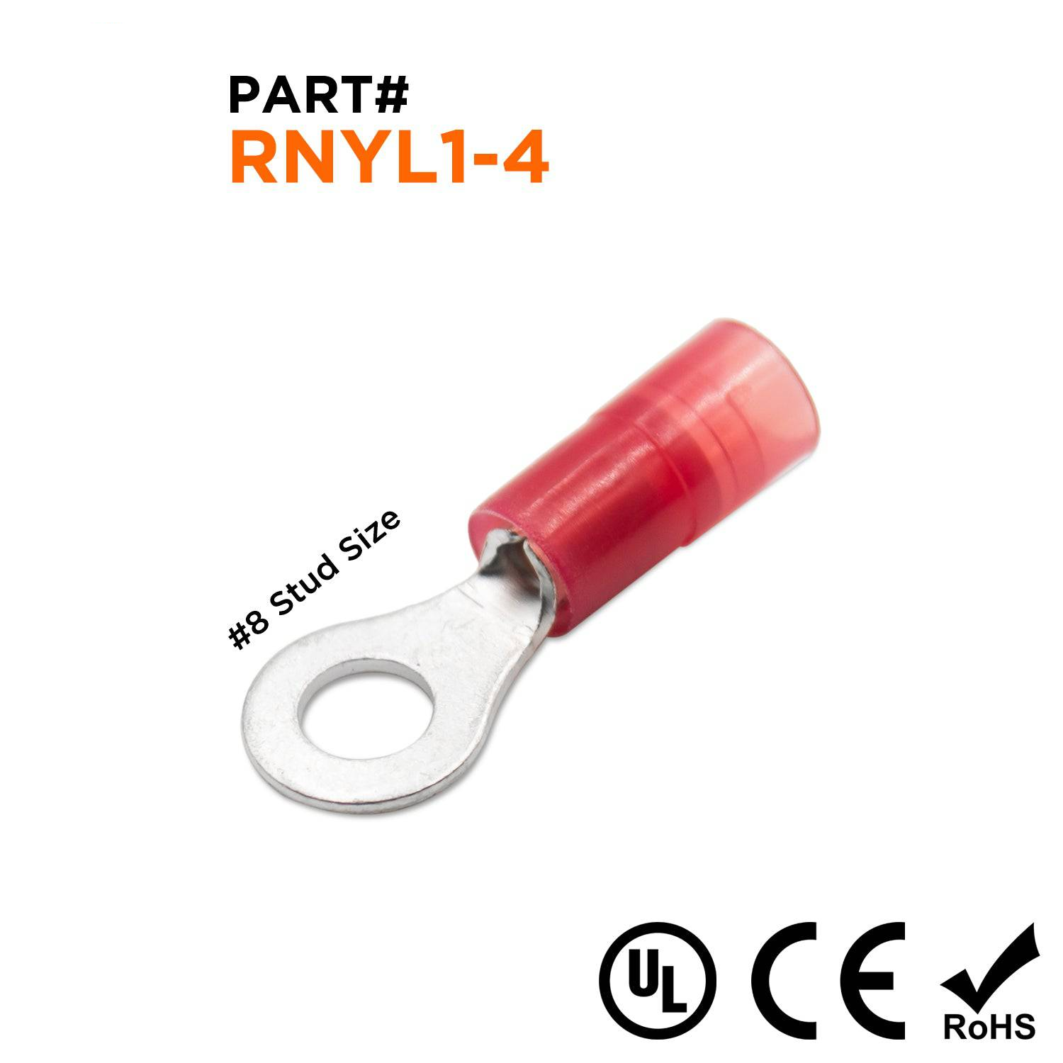 22-16 AWG Nylon Insulated Ring Terminals, #8 Stud, Butted Seam, 100 Pieces - RNYL1-4