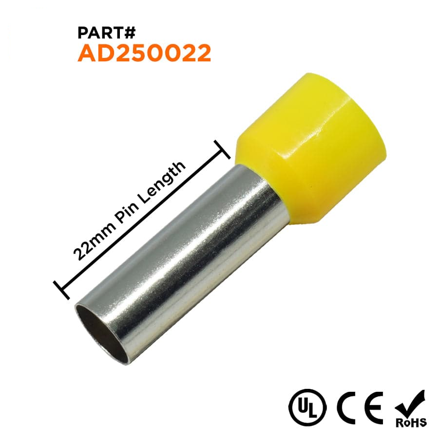 AD250022 - 4 AWG Insulated Punteras, 22mm Pin, Amarillo, UL Recognized, 100 piezas