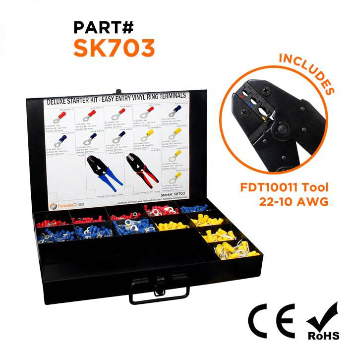 SK703 - 22 a 10 AWG Vinyl Ring Terminal Kit + FDT10011 Herramienta, 950 piezas, 1 Kit