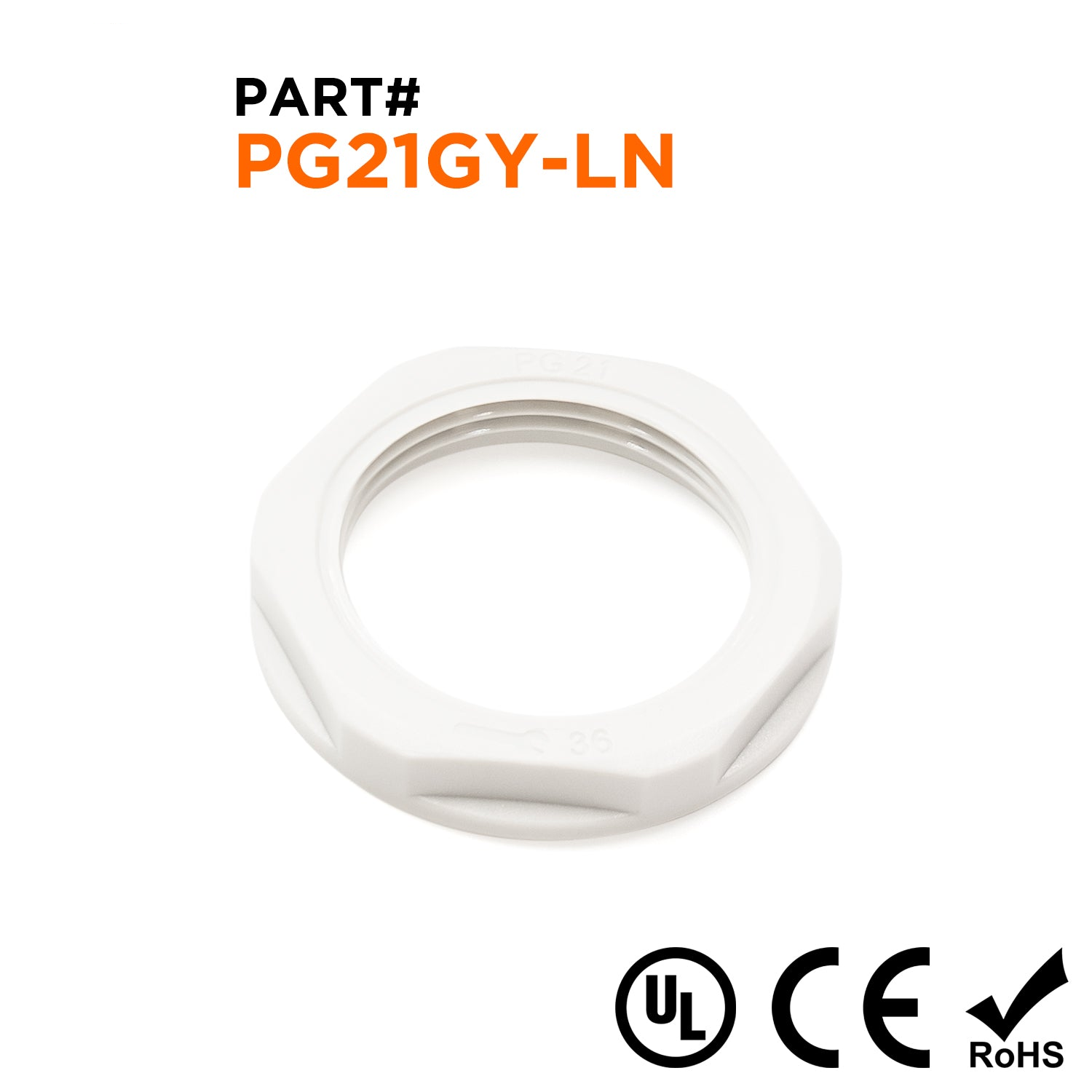 PG21 Thread Nylon Lock Nut for PG Cable Glands, Gray, UL Approved, 1 Piece - PG21GY-LN