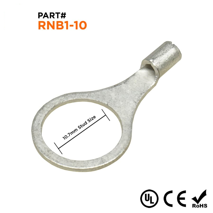 RNB1-10 - 22 a 16 AWG Sin aislamiento Terminales de anillo, 3/8" Orificio, UL Recognized, 100 piezas
