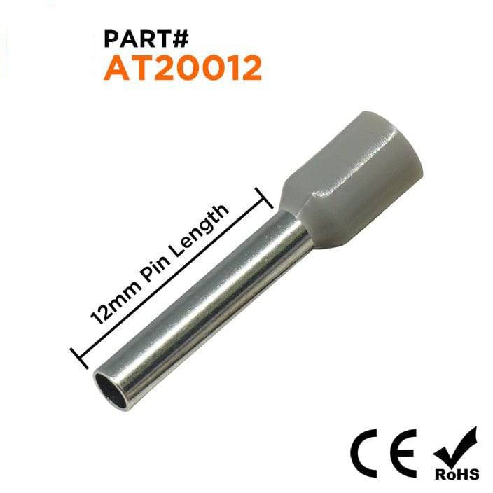 AT20012 - 14 AWG (Small Diameter) Insulated Wire Ferrules, 12mm Pin, Gray, 500 Pieces