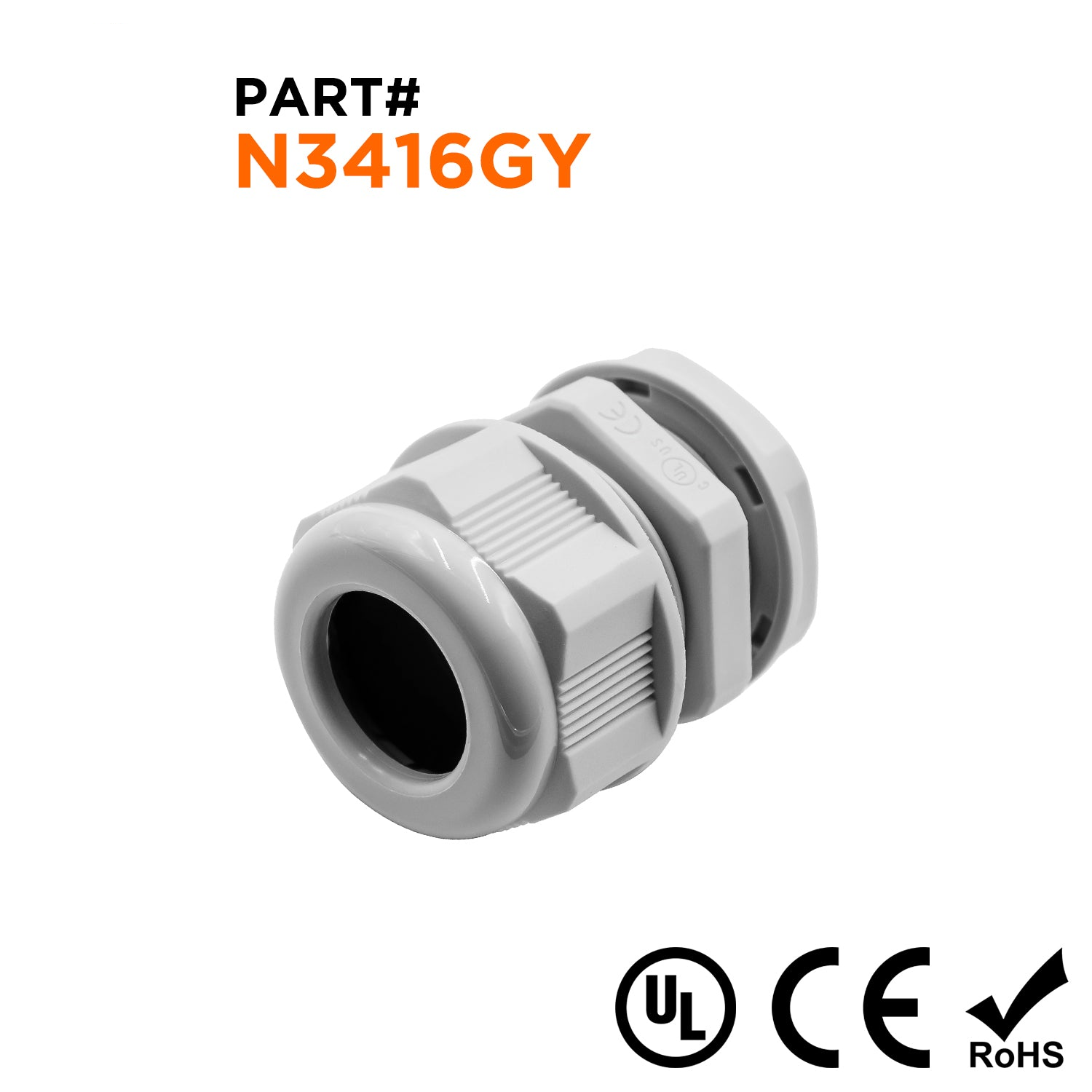 N3416GY - 3/4" NPT Thread Nylon Cable Gland, Gray, Range: 3/8" to 5/8", UL Listed, IP68, IP69K - 1 Piece