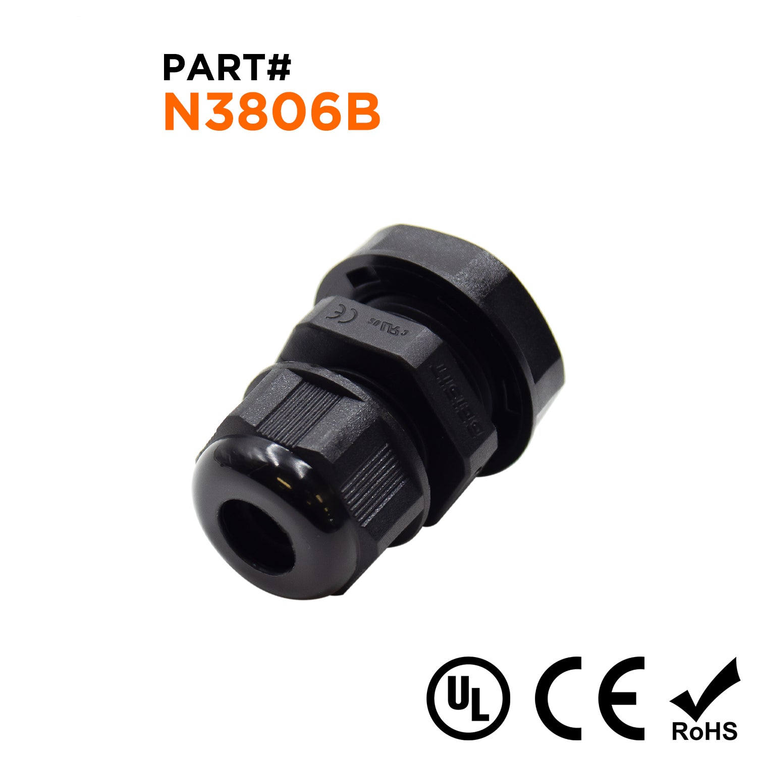 N3806B - 3/8" NPT Rosca De nailon Prensaestopas, Negro, Rango: 1/16" a 1/4", UL Listed, IP68, IP69K - 1 pieza