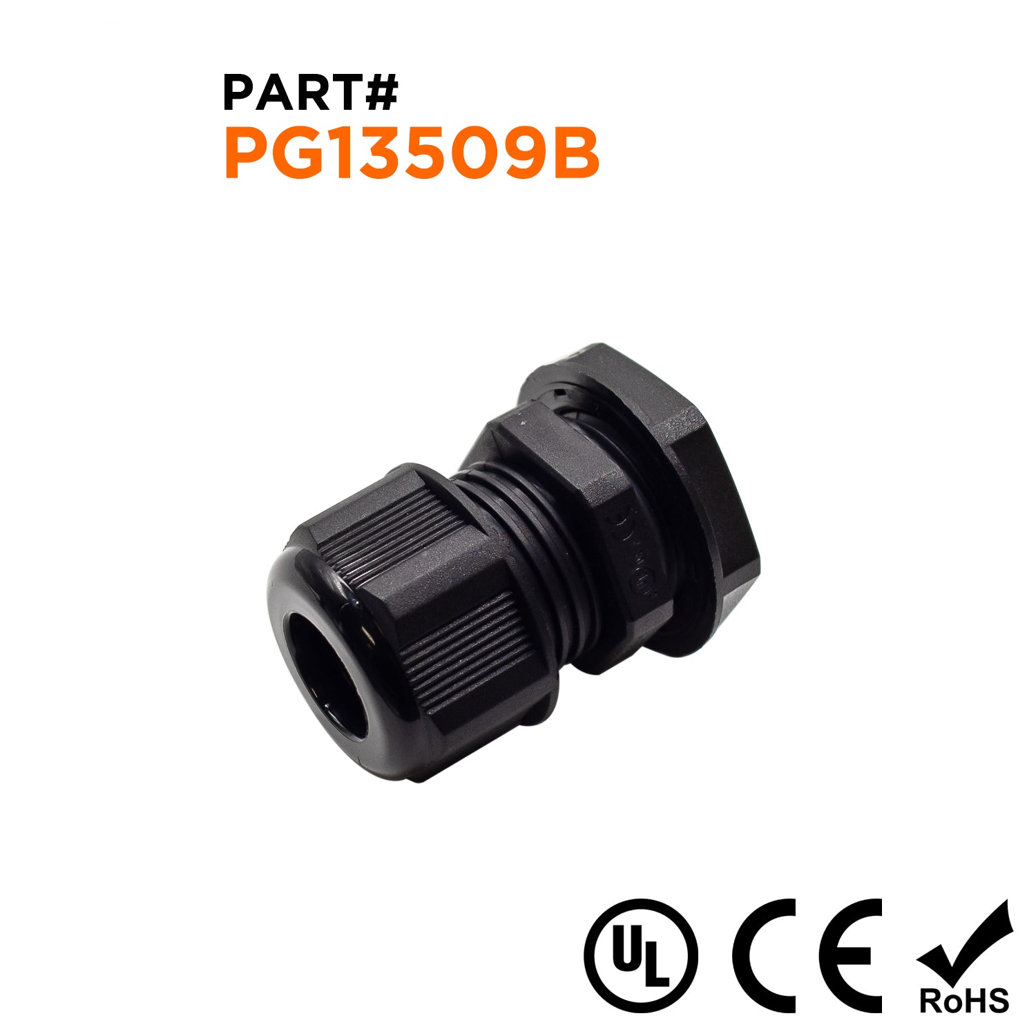 P13509B - PG13.5 Thread Nylon Cable Gland, Black, Range: 3/16" to 3/8", UL Listed, IP68, IP69K - 1 Piece