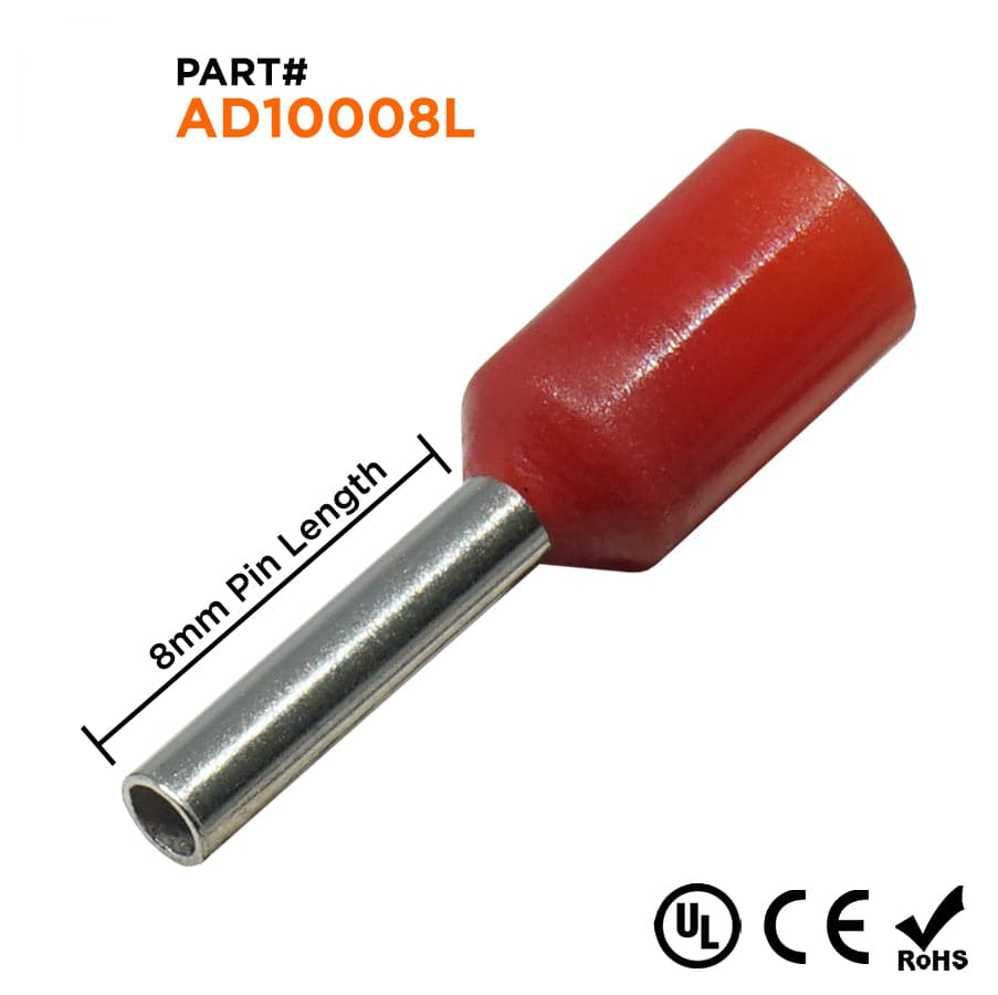 AD10008L - 18 & 17 AWG Insulated Wire Ferrules, 8mm Pin, Red, Wide Collar, UL Recognized, 500 Pieces