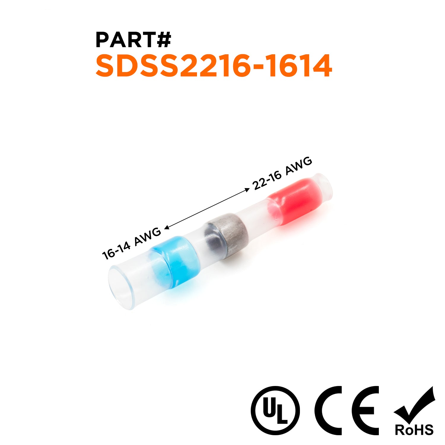 SDSS2216-1614 - 22-16 a 16-14 AWG Heat Shrinkable Step-Down Solder Sleeve, Rojo/Azul, 25 piezas