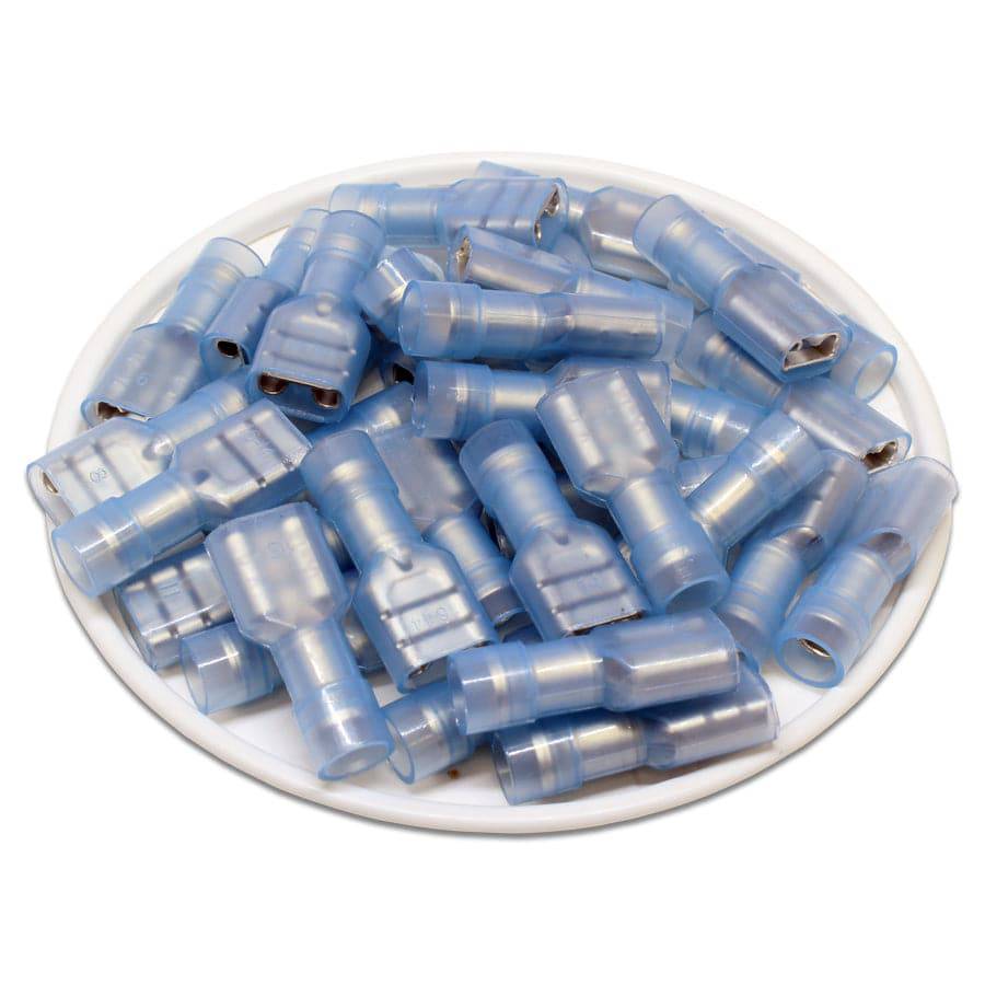 FDFNYD2-250 - 16 to 14 AWG Nylon Insulated Quick Disconnects, Female, Fully Insulated, Blue, Double Crimp, 100 Pieces