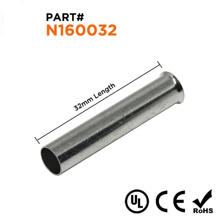 N160032 - 6 AWG Non Insulated Wire Ferrules, 32mm Pin, UL Recognized, 250 Pieces