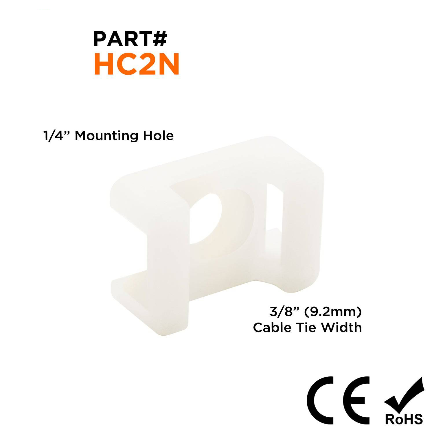 HC2N - 15/16"L x 5/8"W Nylon Saddle Tie Mounts - Tie Width: 3/8", Screw Width: 1/4", Natural, 100 Pieces