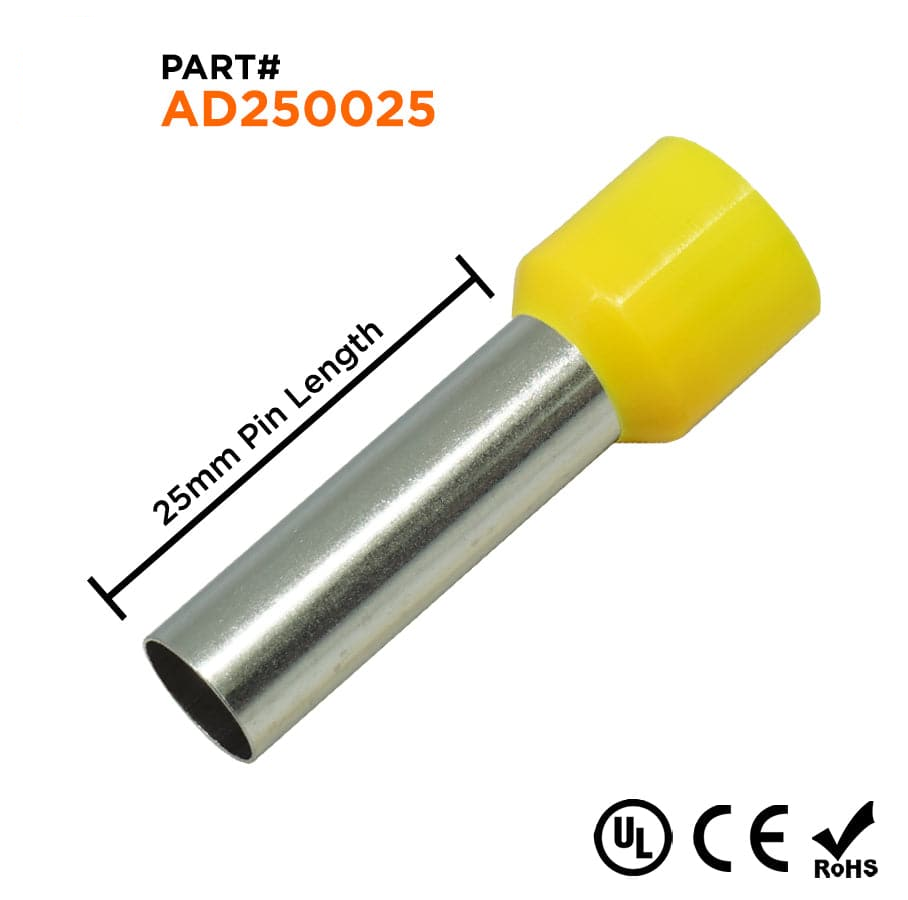 AD250025 - 4 AWG Insulated Wire Ferrules, 25mm Pin, Yellow, 100 Pieces