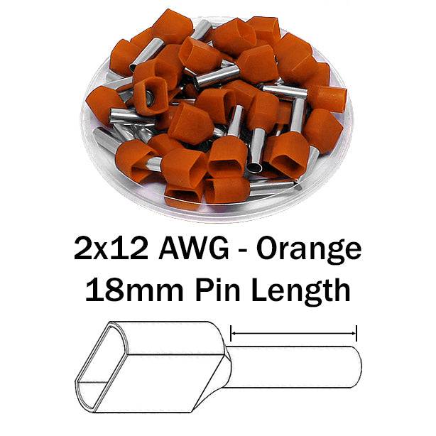 TT40018 - 12 AWG Twin Wire Ferrules, 18mm Pin, Orange, 100 Pieces