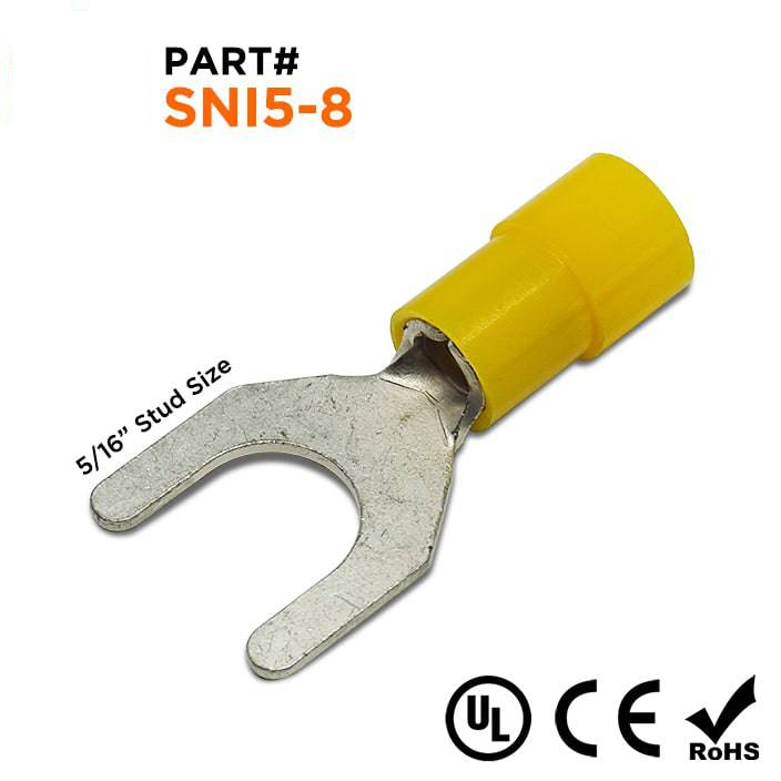 SNI5-8 - 12 a 10 AWG Polycarbonate Terminales de horquilla, 5/16" Orificio, 100 piezas