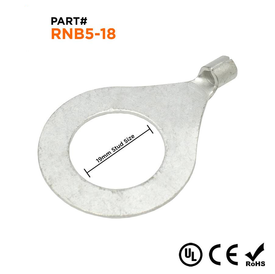 RNB5-18 - 12 a 10 AWG Sin aislamiento Terminales de anillo, 11/16" Orificio, UL Recognized, 50 piezas