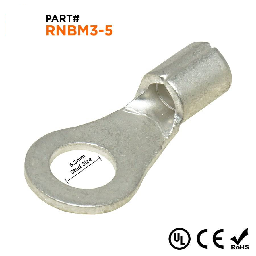 RNBM3-5 - 14 a 12 AWG Sin aislamiento Terminales de anillo, #10 Orificio, UL Recognized, 100 piezas