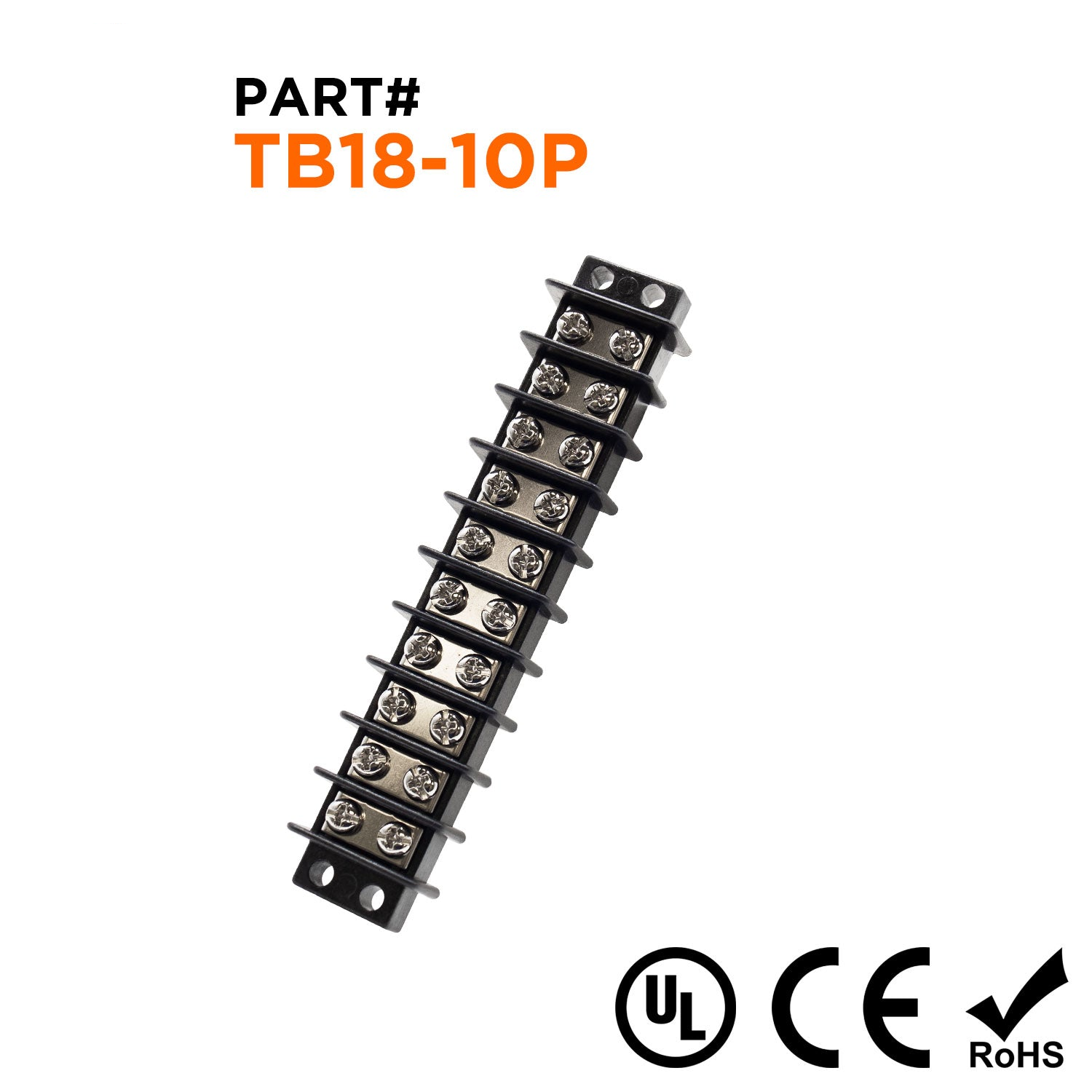TB18-10P - Barrier Strip Terminal Block, Terminal Strip, 10 Pole, Double Row, 20A, 300V, UL Approved, 1 pieza