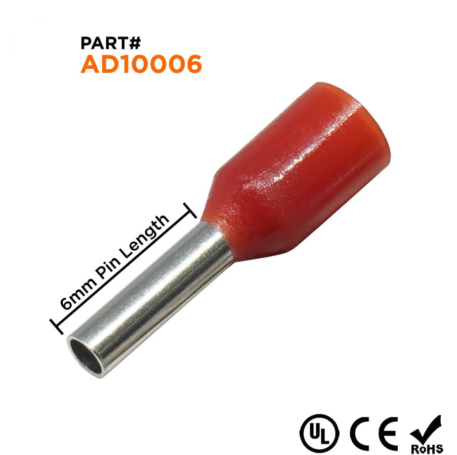 AD10006 - 18 & 17 AWG Insulated Punteras, 6mm Pin, Rojo, UL Recognized, 500 piezas